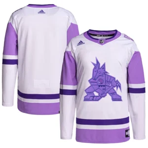 Men's Arizona Coyotes adidas White/Purple Hockey Fights Cancer Primegreen Authentic Blank Practice Jersey
